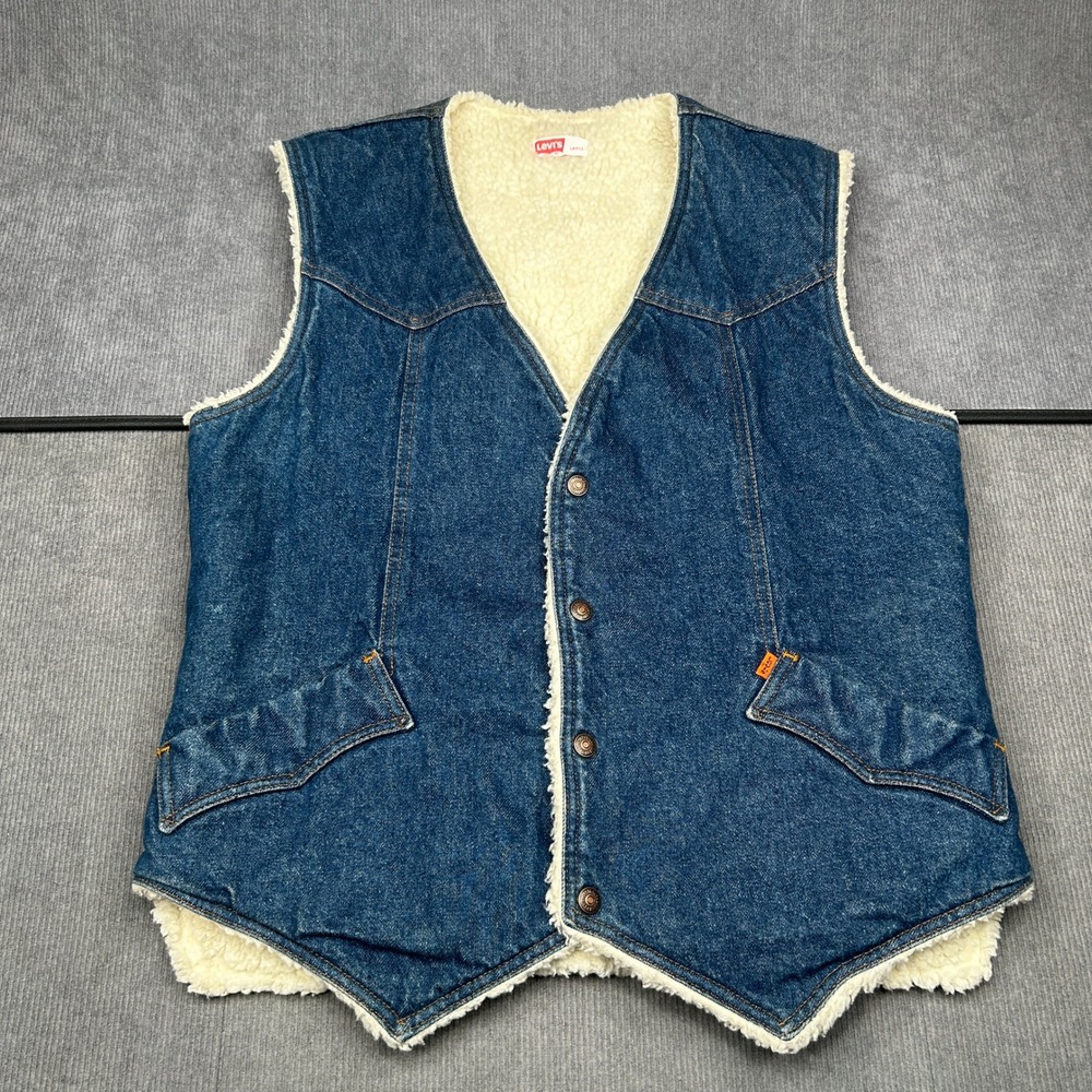 Levis Orange Tab Denim Vest Blue Sherpa Lined Western V-Neck Large Vintage